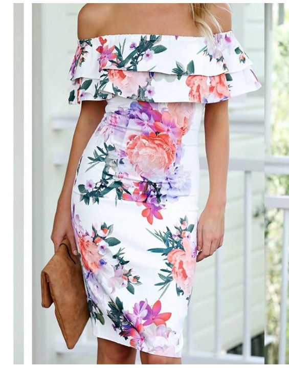 Floral Print Off Shoul r Short Sleeve Skinny Mini Dress